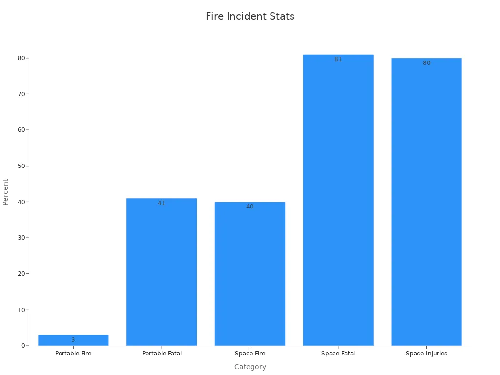 Bar chart showing percentages of heating equipment fire incidents and outcomes